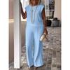 Pantaloni da donna alla moda casual, estivi e primaverili, tinta unita, con stampa, a maniche corte, con scollo a V