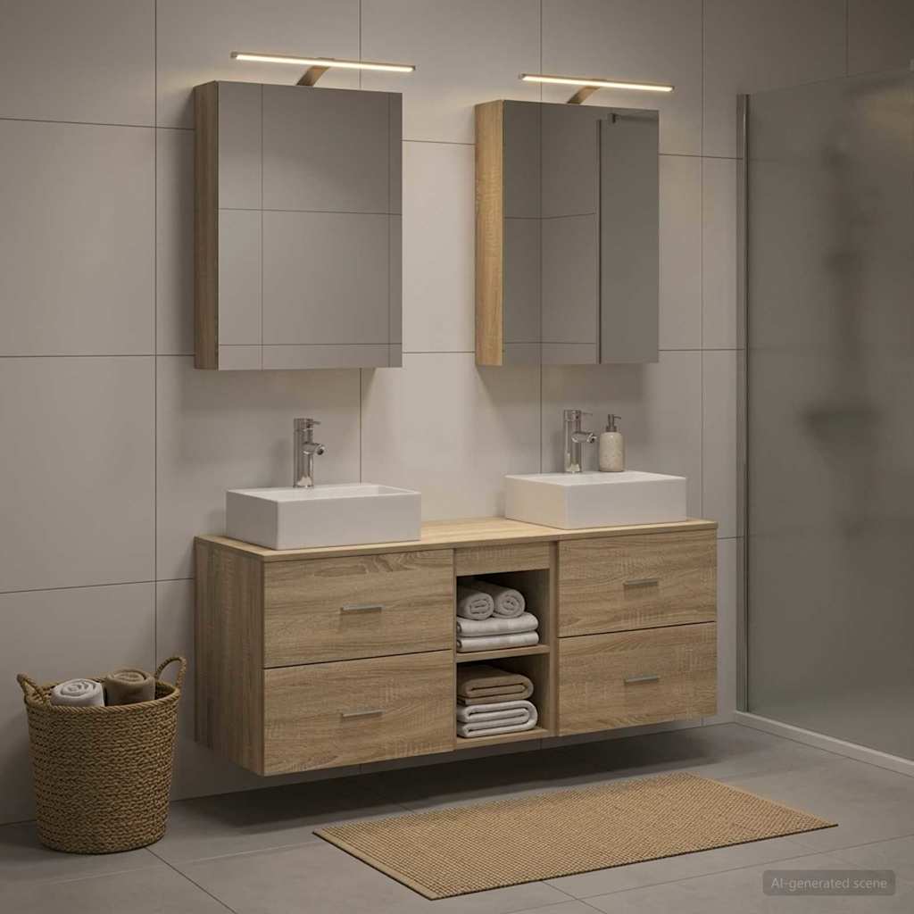 5 Piece Bathroom Furniture Set Sonoma Oak Engineered Wood and Glass