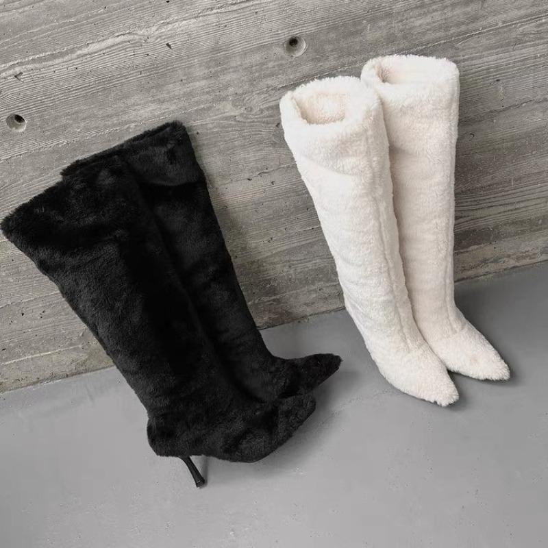 Luxury Faux Lambswool Winter Long Boots Women Pointed Toe Wedge Knee High Boots Woman Plus Size Fashion Plush Shark Botas Mujer