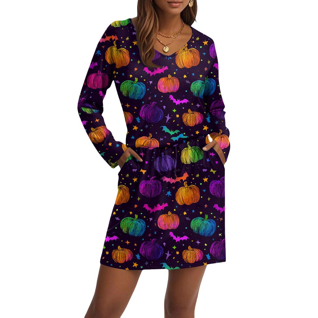 Women's Fashionable V-neck Long Sleeved Drawstring With Pocket Halloween Printed Casual Dress