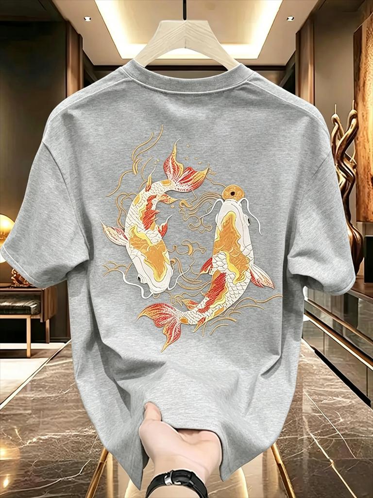 100 Cotton Unisexs TShirt With Golden And Black Koi Fish Print Summer RoundNeck ShortSleeved Casual Unisexs Fashionable Top