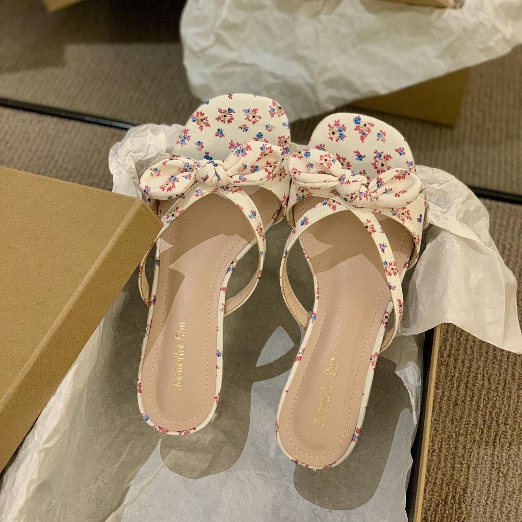 Korean version crystal thick heel bow retro yellow open-toed thin cool slippers fashion women's summer new one-word drag