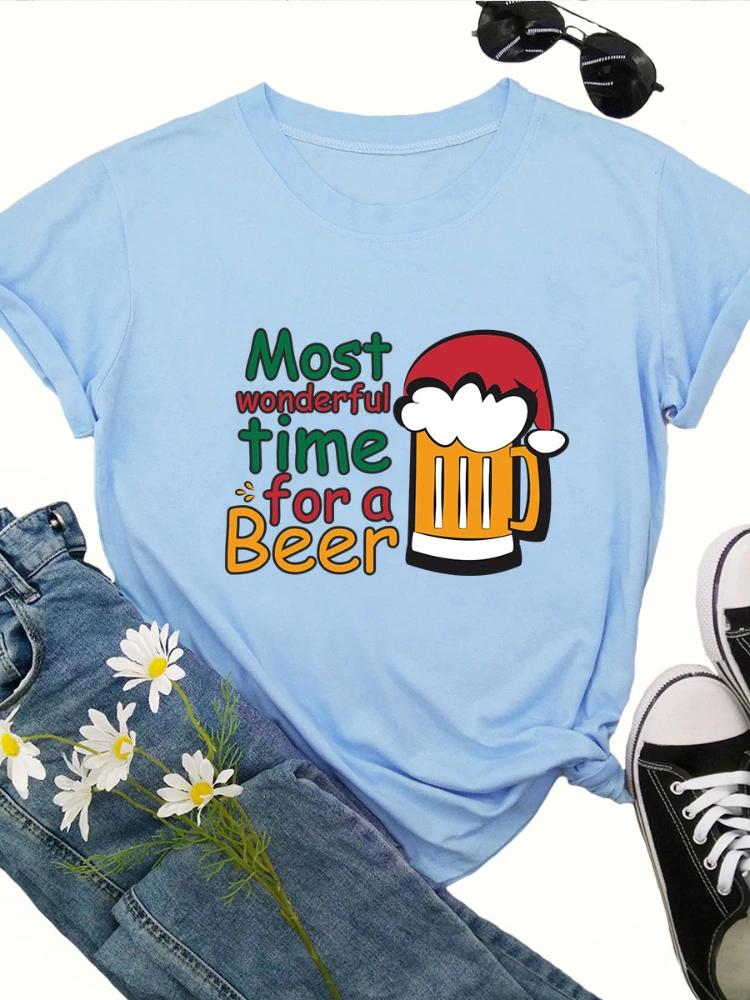 Christmas Best for A Beer Print T Shirt Women Short Sleeve O Neck Loose Tshirt Women Causal Tee Shirt Tops Camisetas Mujer