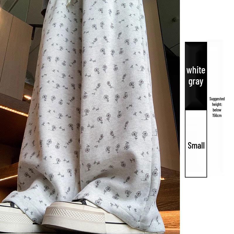 Petite White Floral Wide-Leg Women's Sweatpants: New Loose Casual Straight-Leg Pants for Spring, Summer, Autumn 2025