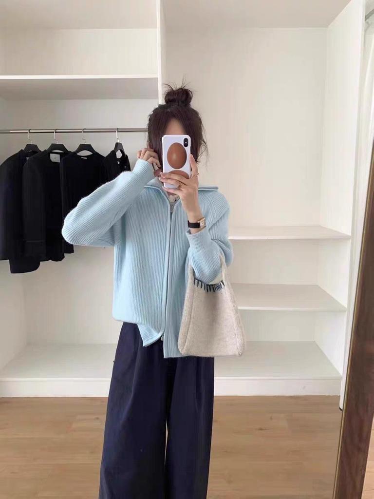 South Korea Dongdaemun Double Zipper Lapel Jacket and Thick Knit Sweater Outerwear