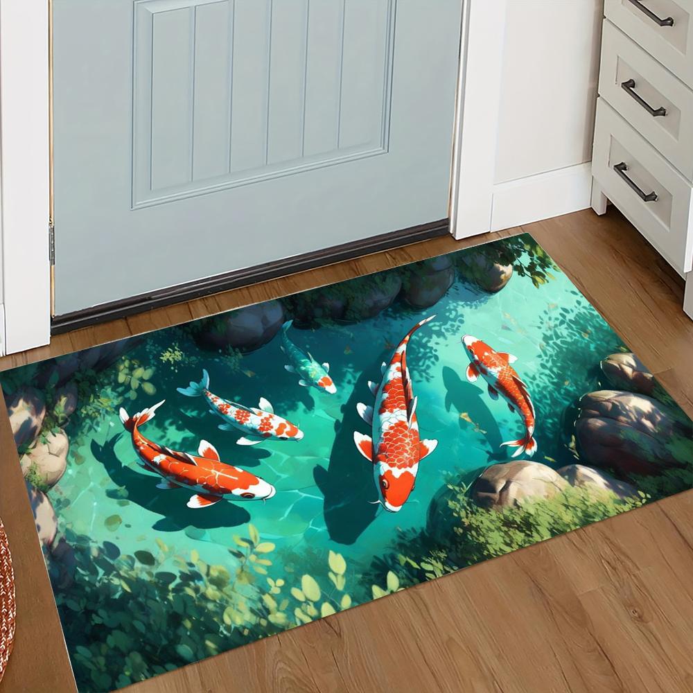 Lebhaftes Koi-Fischteich-Muster Fußmatte Realistischer Koi-Karpfen mit Lotusblättern Felsgarten-Design Fußmatte für Heim-Eingangsdekor