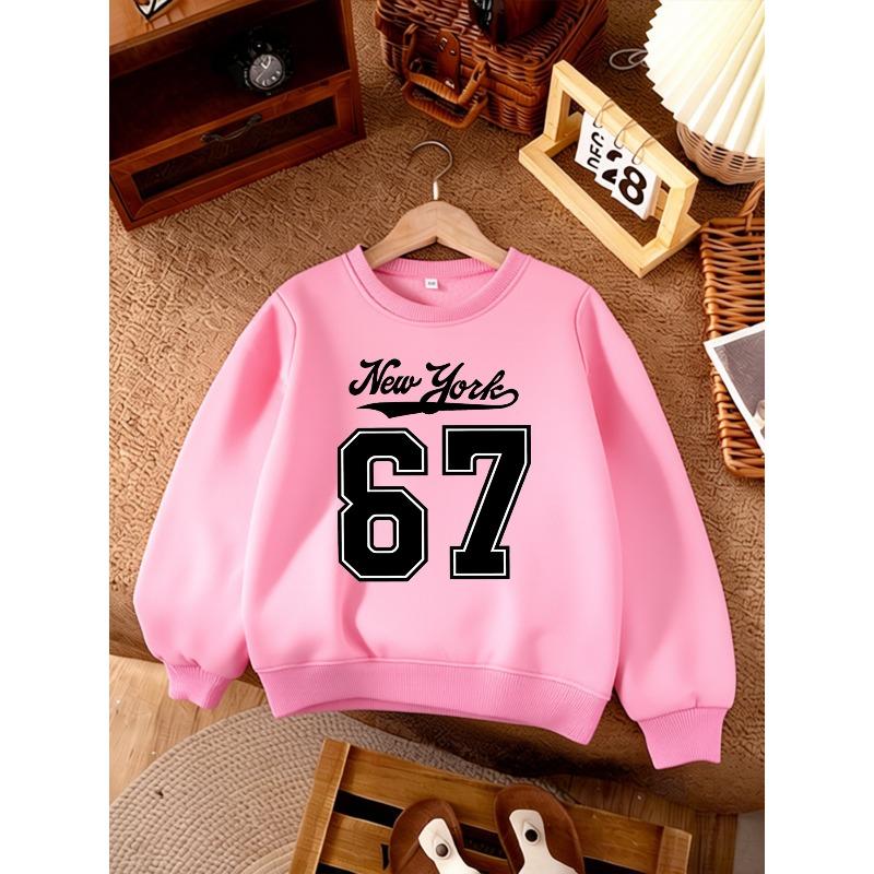 Unisex Kids Black Crewneck Sweatshirt For 4-12 Boys Girls Cursive New York Top Large White Outline Number 67 Varsity Print Soft Long Sleeve Pullover