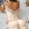 Women'S Sexy Satin Lace Camisole and Panty Set - Solid Color V-Neck Sleepwear with Contrast Lace Detail, All-Season Comfort