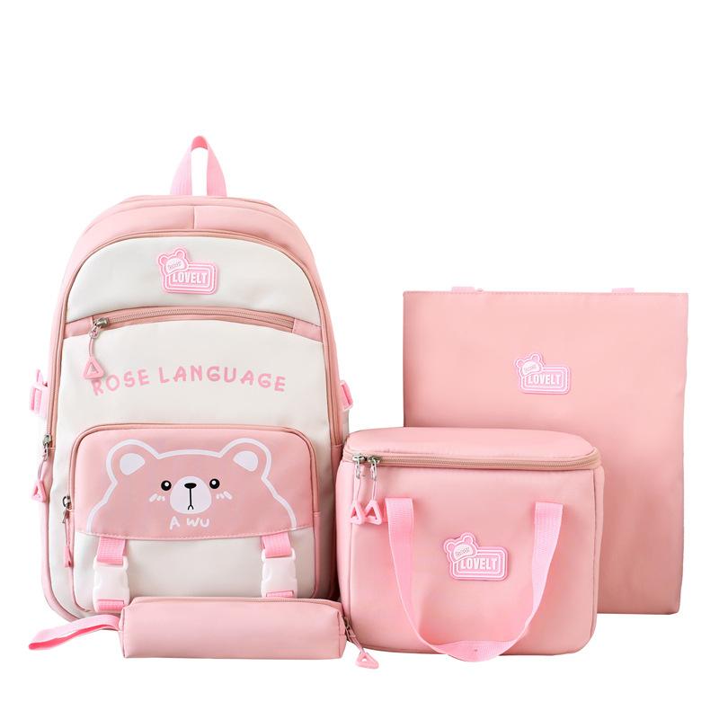New Student Schoolbag Cute Cartoon Backpack Simple Lightweight Large Capacity Backpack Four-piece Set for Primary and Secondary Schools