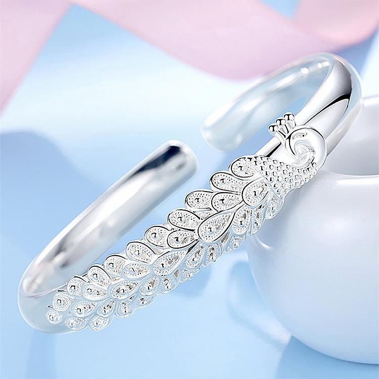 Pulsera elegante de Plata de Ley 925 con pantalla de apertura de pavo real, brazaletes para mujer, accesorios de moda para fiesta y boda, regalo de joyería