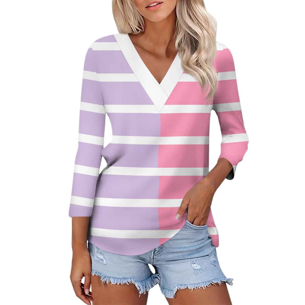 Women's Casual Fashion Sexy Comfortable V-neck Splicing Geometric Pattern Three-quarter Sleeve Top