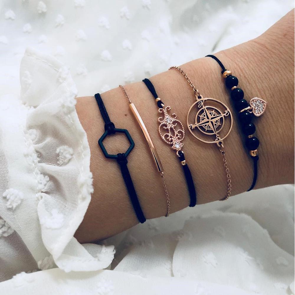 Black Hexagonal Bracelet Set with Compass Totem & Diamond Heart Pendant, 5-Piece European/American Style.
