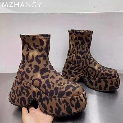 High Heels Plateau Damen Leopard Leder Schnee Stiefeletten Designer Lässige Walkingstiefel Damen 2024 Trend Neu Winter Botas Mujer