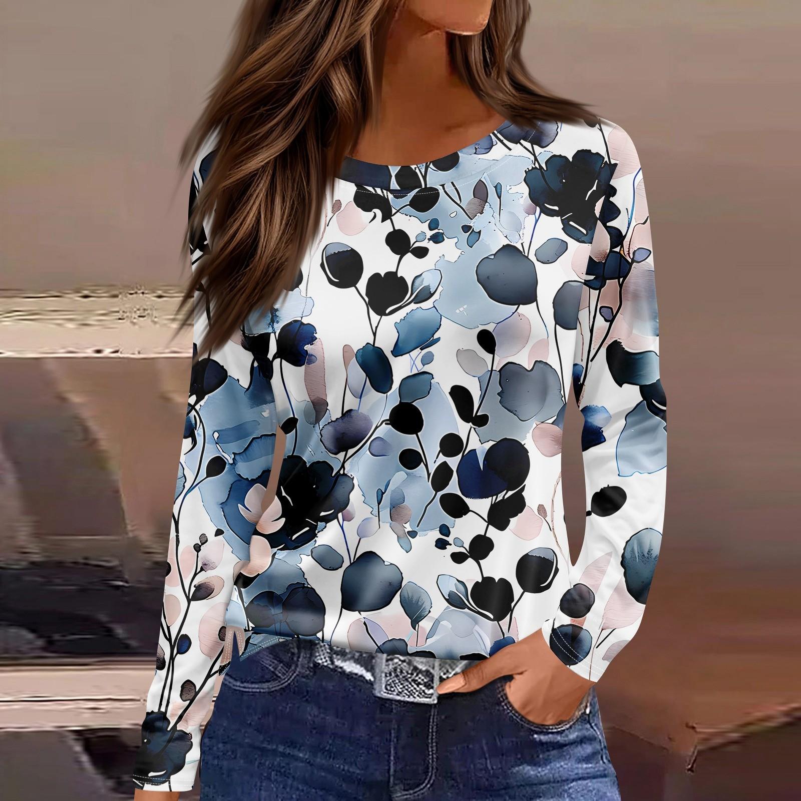 

Женская модная повседневная свободная футболка с принтом и круглым вырезом с разрезом и длинным рукавом, женский топ L