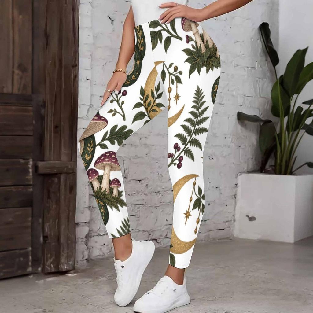 Women Plus Size High Waist Full Length Fitted White Printed Mushroom Floral Yoga Leggings