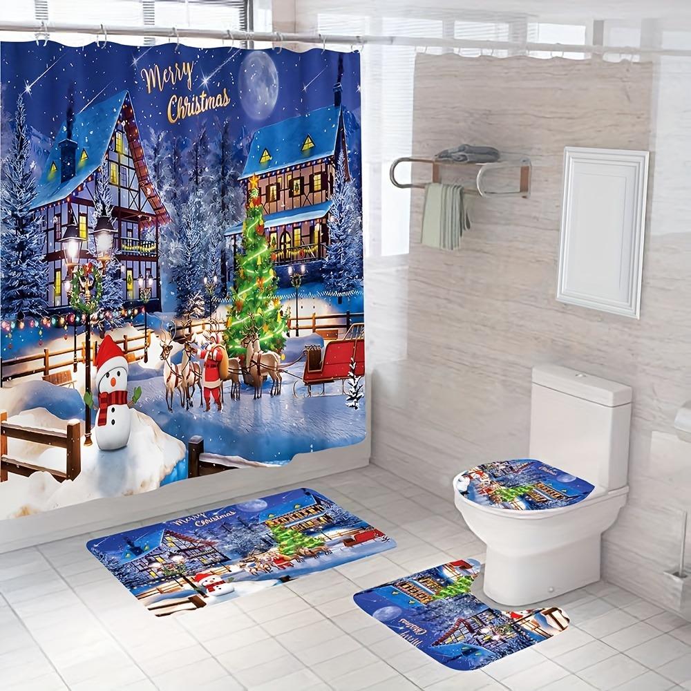 Navidad Merry Christmas Tree Shower Curtain Set Waterproof Polyester Xmas Bath Curtain and Toilet Floor Mat with Free 12 Hooks