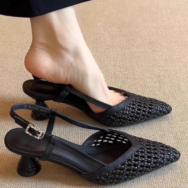 French Square-toed Woven High-heeled Sandals 2025 Summer Shoes Skeletonized Fashionable Leather Fabric Mid-heel Women Sandals