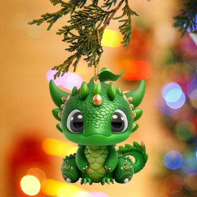 Dinosaur Christmas Tree Ornaments 2D Adorable Green Dinosaur Pendant For Car Rearview Looking-Glass Winter Festival Animal Car