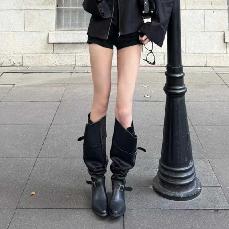 Large Tube Circumference Stacked Boots Women's Thick Heel But Knee Boots Autumn Belt Buckle Western Boots Fashion Boots
