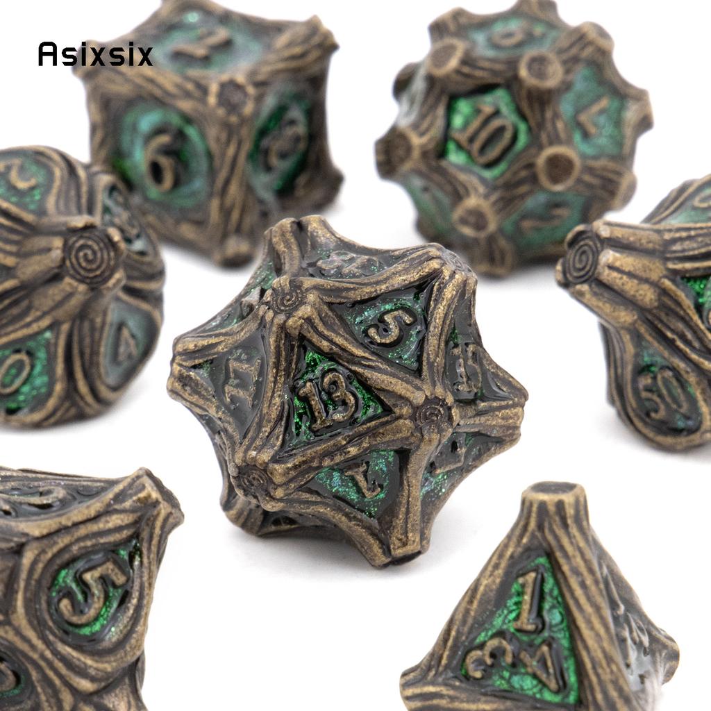 7 Pcs GreenTree Stump Root Metal Dice Solid Metal Polyhedral Dice Set Suitable for Role-Playing RPG  Board Game Card Game