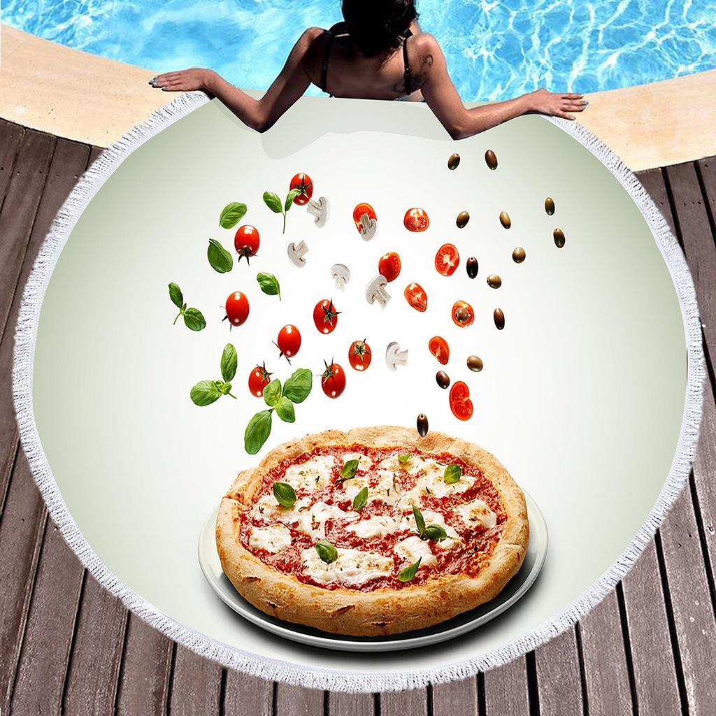Round Beach Towel Delicious Pizza Pattern Round Beach Blanket Large Lightweight Beach Towel Quick Dry Absorbent Soft Pool Towel