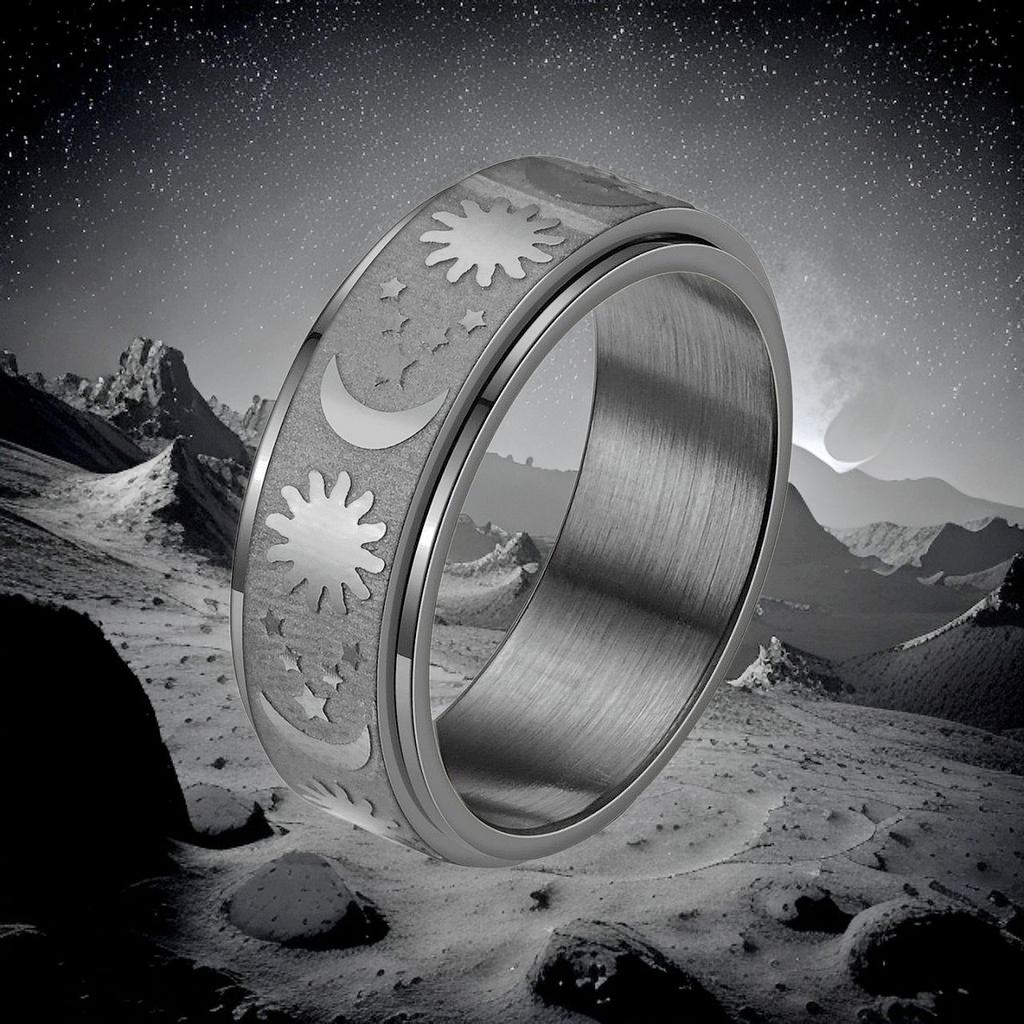 Rotatable Sun, Star Moon Ring Fashionable Stainless Steel Rotating Couple Ring