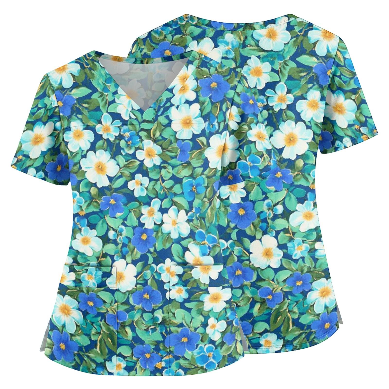 

Floral Print V Neck Medical Scrub Top with Pockets and Side Slits Short Sleeve Nurse Uniform Shirt for Women XL