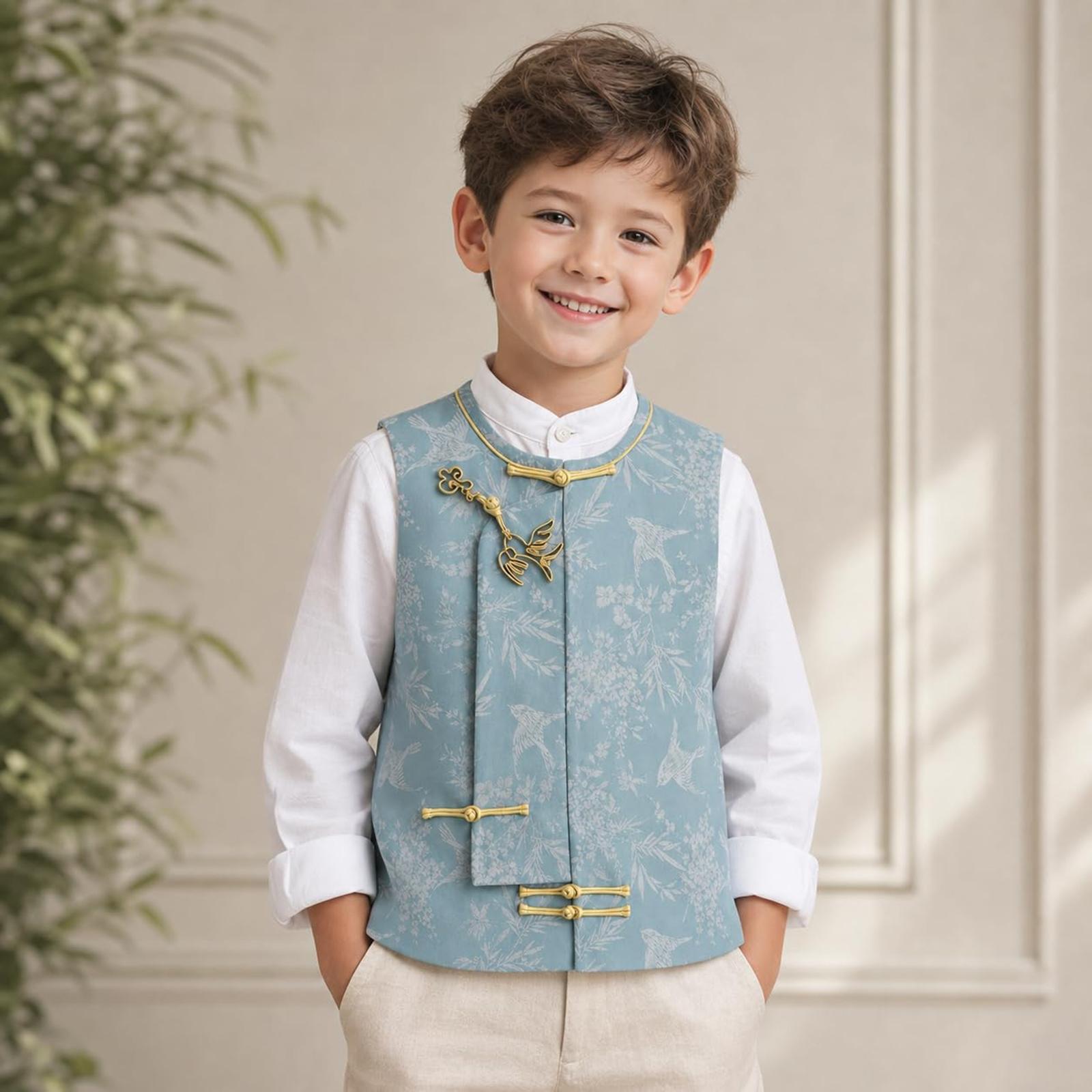 

Children s Casual Vest Outerwear Traditional Chinese Style Sleeveless Jacket with Frog Button Closure Lightweight and Comfortable 120 синий