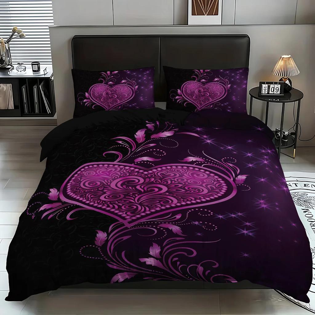 3Pcs Purple Rose Heart Patterned Duvet Cover Set 1 Duvet Cover+2 Pillowcases Coreless. Soft And Comfortable Bedding Set