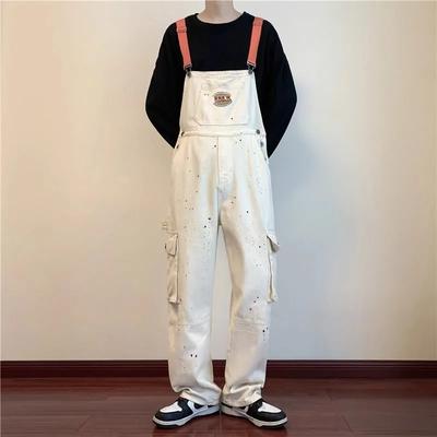 Herbstliches Spritzfarben-Design Denim-Latzhose Herren Übergröße Koreanische Version der lockeren Retro-Tooling-Hose