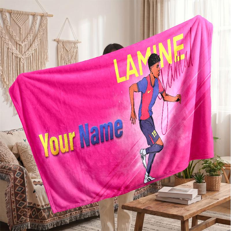 Lamine Yamal Personalized Fleece Blanket With Football Logo, Custom Name Text Soft Warm Home Throw Blanket