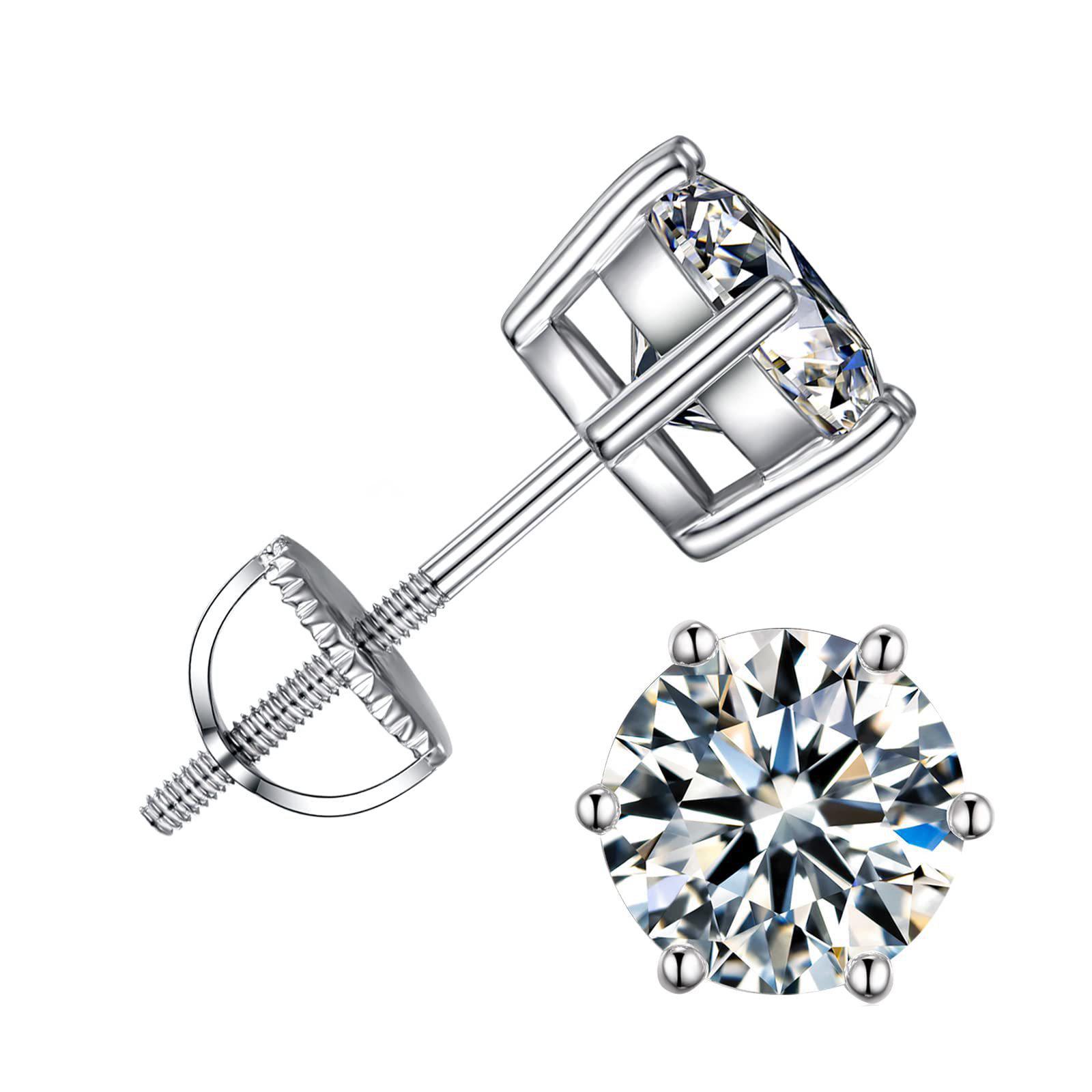Sterling Silver 925 Six-Prong Moissanite Stud Earrings with Eight Hearts and Arrows Design.