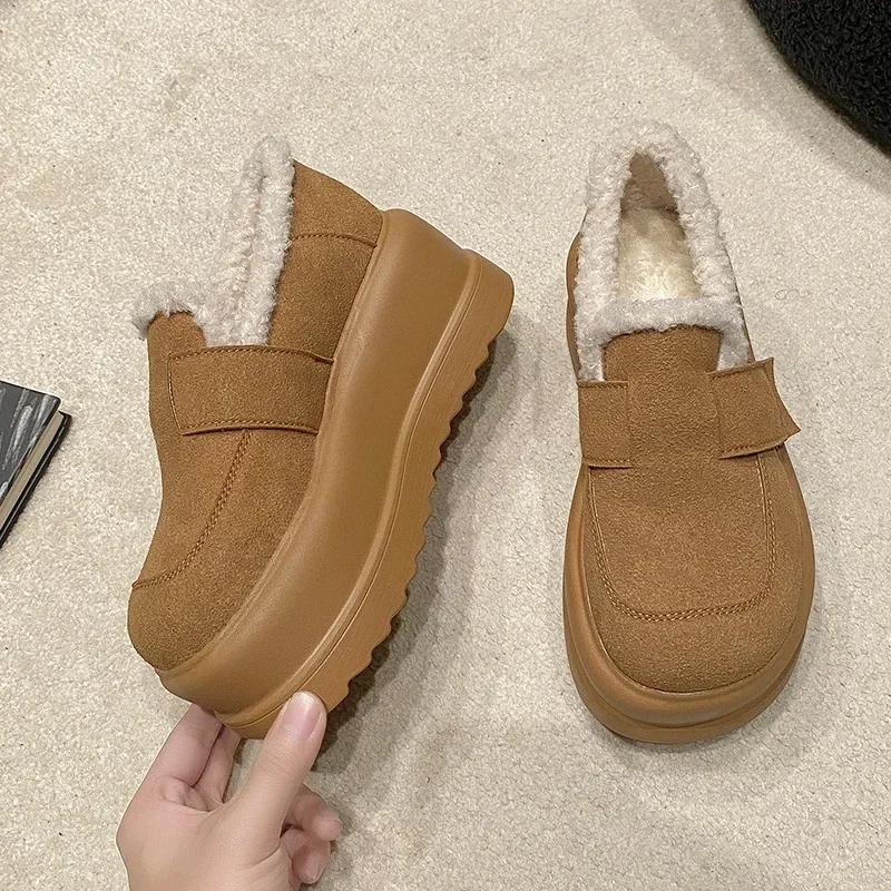Fashion Women Thick Sole Snow Sneakers New Winter Slip-on Plush Warm Cotton Shoes Woman Outdoor Non Slip Fluffy Platform Fur Shoes 7.5CM