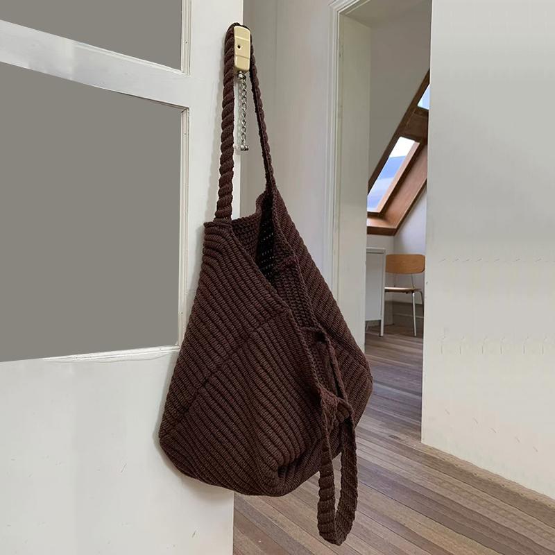 Retro Knitted Handbag for Women Autumn Winter New Design Solid Color Knitted Bag Large Capacity Travel Shoulder Bag CLE