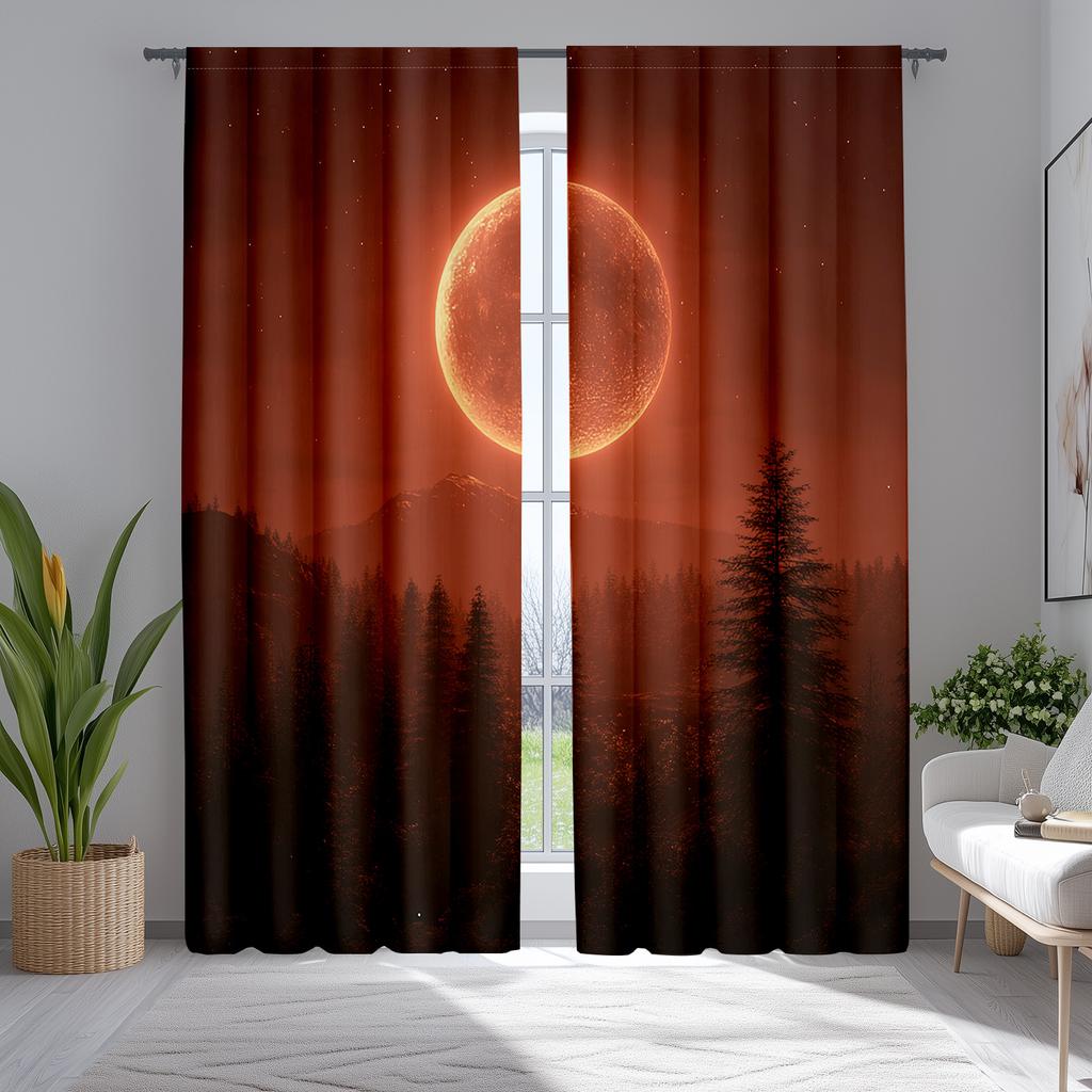 2pcs Abstract Moon and Forest Curtains with Full Moon and Colorful Landscape, Polyester
