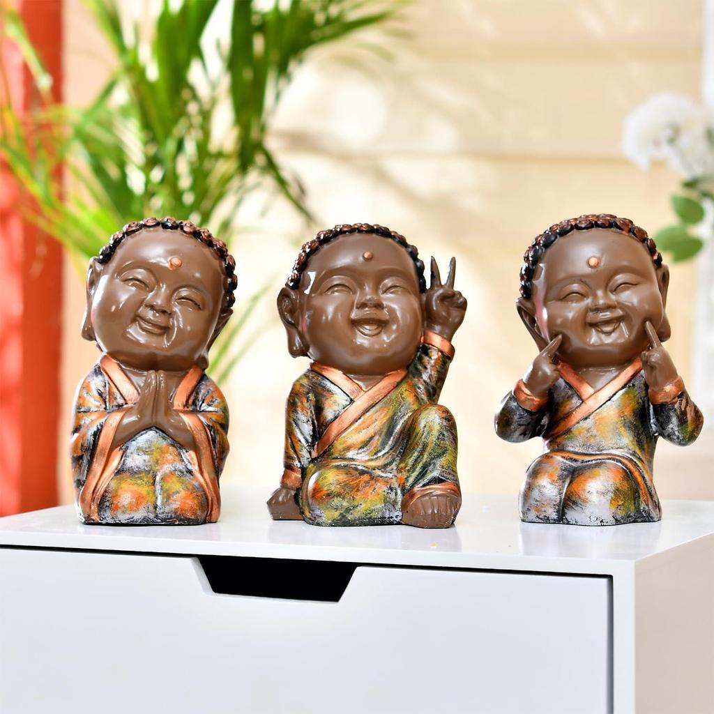 Adorable Trio of Monk Statues | A Symbol of Serenity & Wisdom | Brings Peace & Charm To Any Setting – Pack of 3,Multicolor