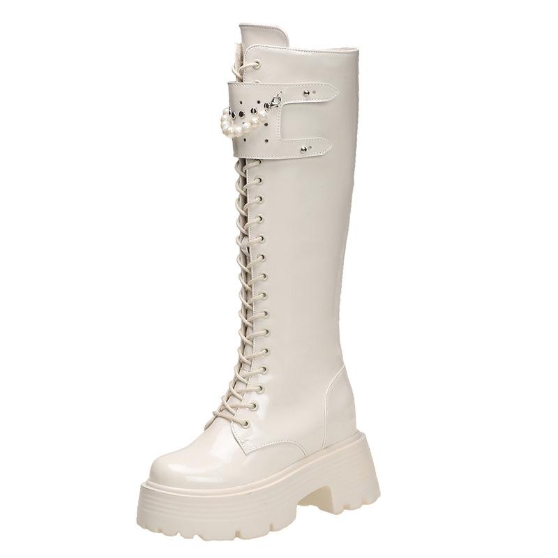 Kozačky Skinny vnitřní zvýšení silná podrážka dámské 2025 zima samet perlový řetízek ale nad koleno rytířské kozačky