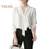 Camisa de verano para mujer, cuello en V, cuello con cordones, manga larga, jersey, tops de color liso, corte holgado, tops de oficina para mujer, ropa de trabajo