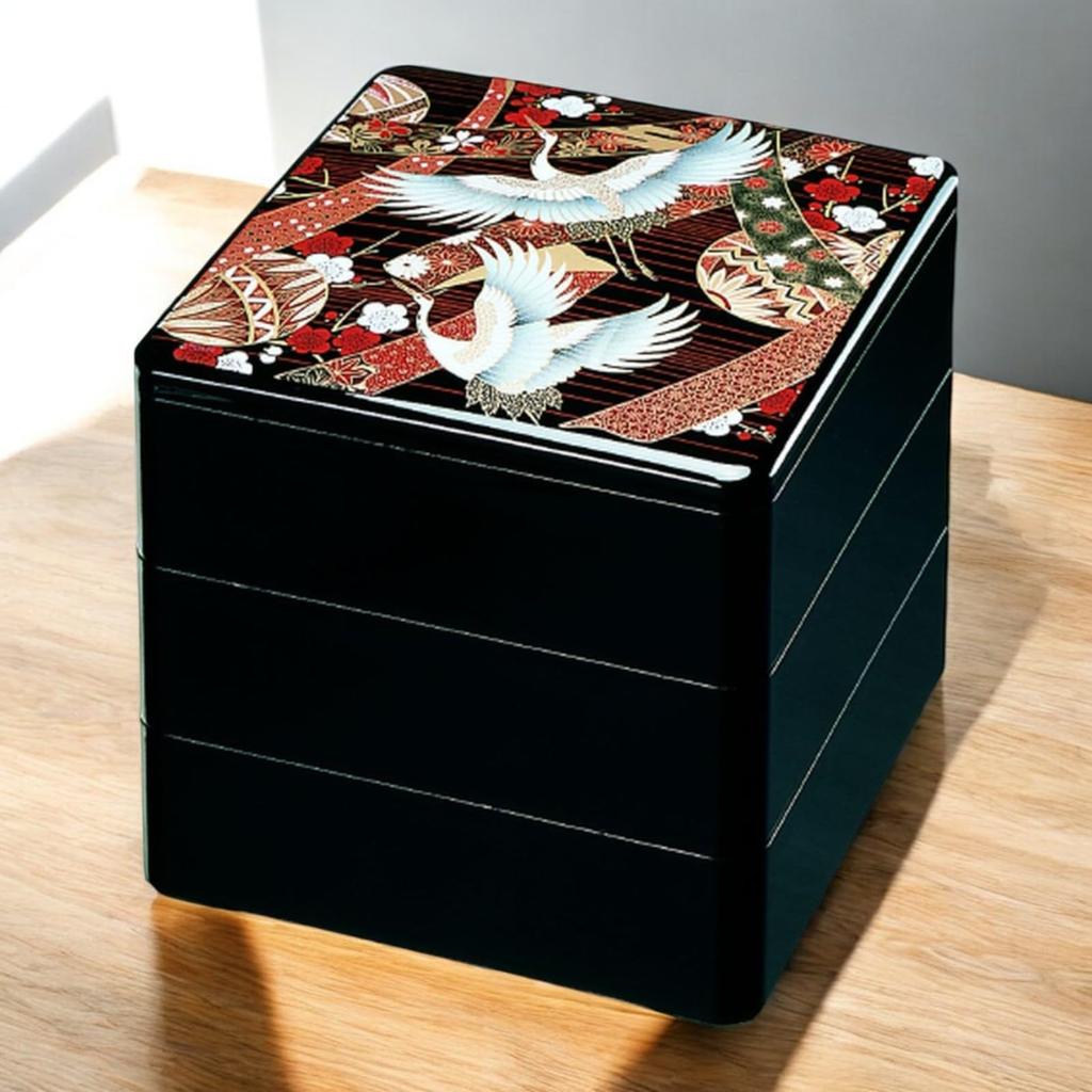J-kitchens Lacquerware Jubako Box, 3 Tiers, 7.5 Inch, Deep, Black Temari Crane Design, 22cm, Resin, Made in Japan