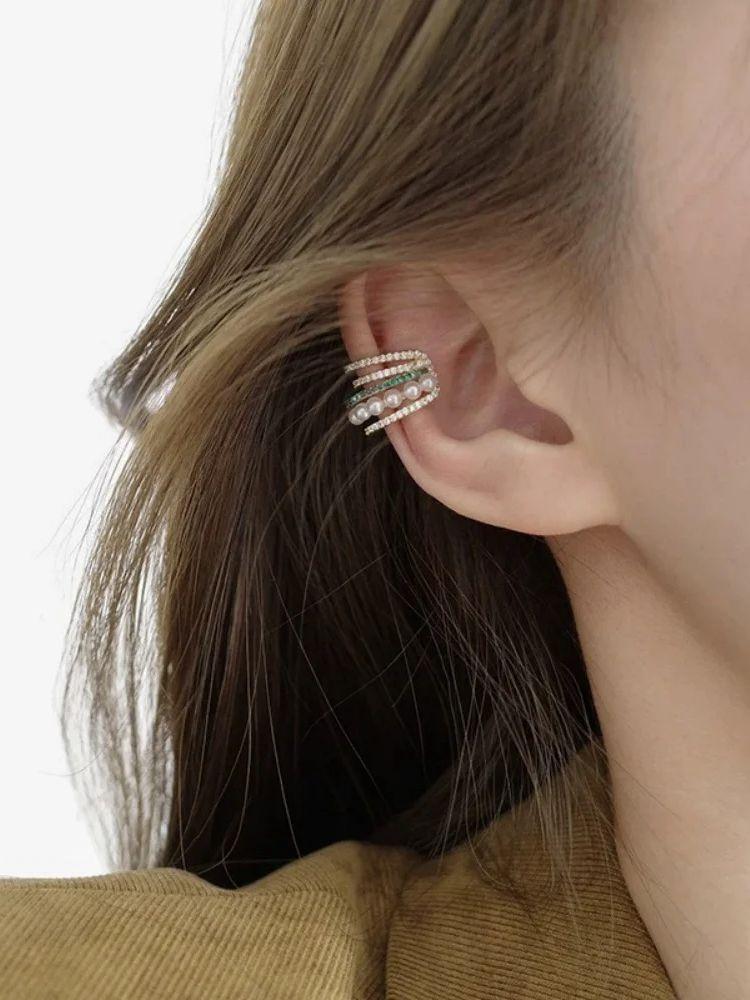 New Geometry Multi layer Zircon Simulated-pearl Star Women s Ear Clip Trendy Retro Personalized Fashion Versatile Jewelry Gift зелёный
