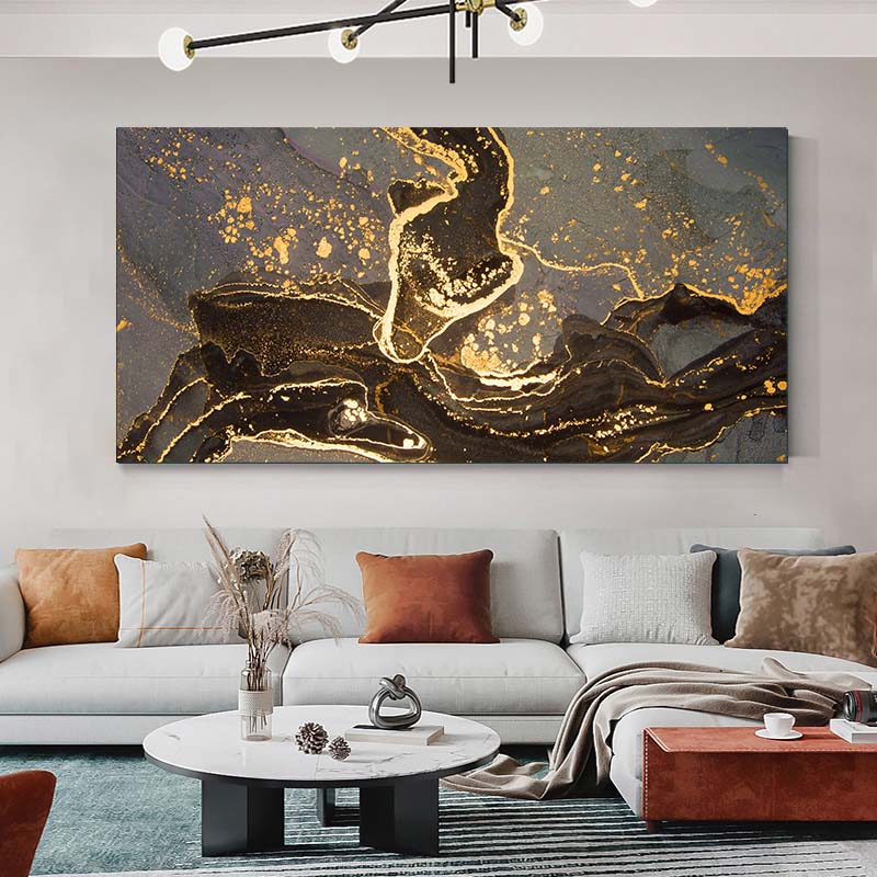 Modernes Abstraktes Leinwandgemälde Goldene Schwarze Linie Wandkunst Poster und Drucke Nordische Luxusbilder für Wohnzimmer Heimdekor