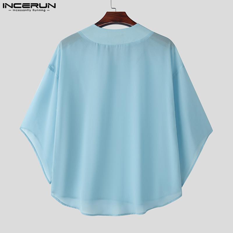 INCERUN Summer Men's Batwing Sleeve Semi-Sheer Chiffon Casual Oversized T-Shirts