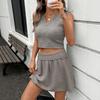 Casual V-neck Short Navel-open Suit Summer Short Skirt Knitted Sleeveless Top Two-piece Set