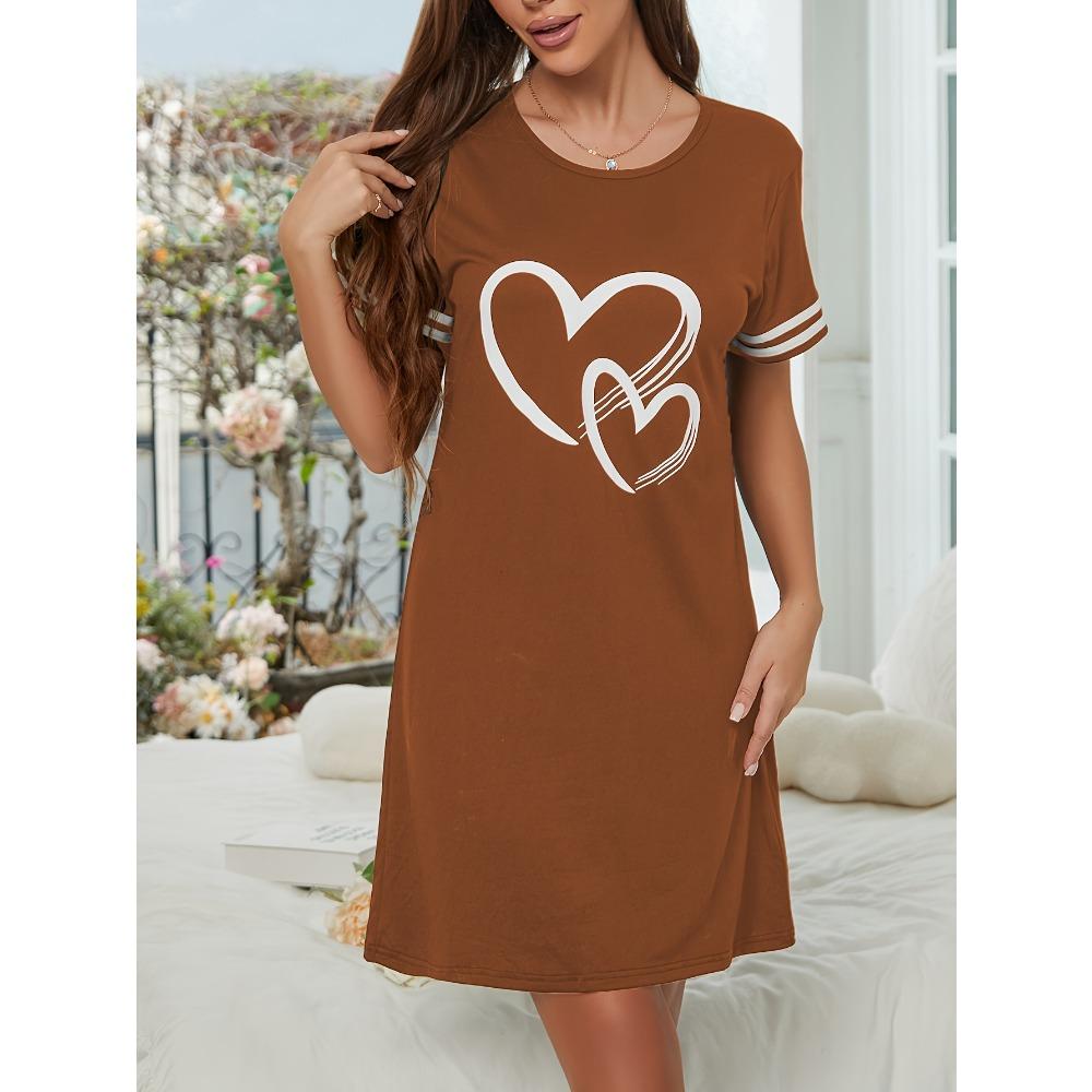 Women's Casual Short Sleeve Sleep Dress with Heart & Stripe Print - Soft Round Neck Nightgown
