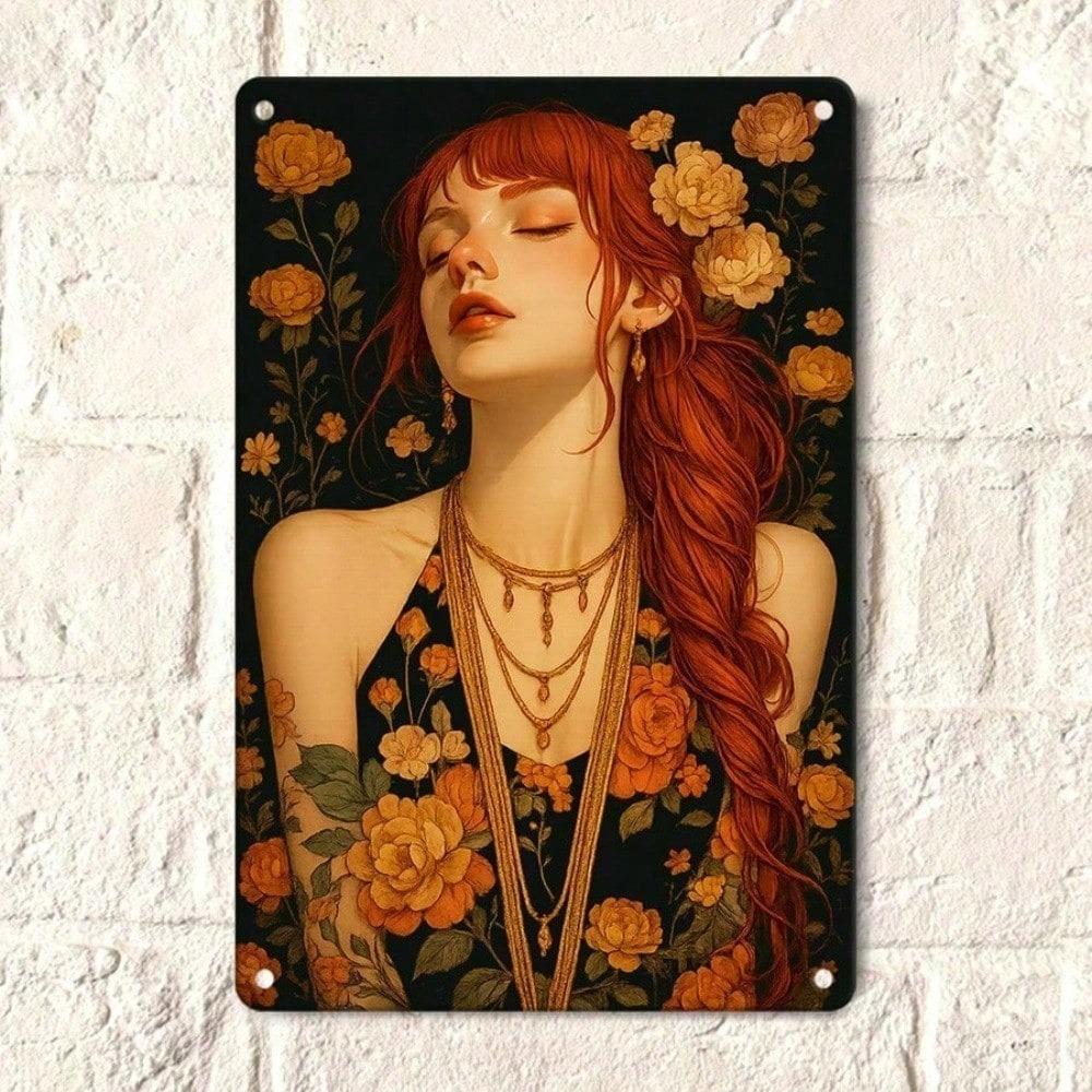 1pc Vintage Floral Redhead Tin Sign 12x8in, 2D Retro Metal Wall Decor for Living Room Kitchen Bar