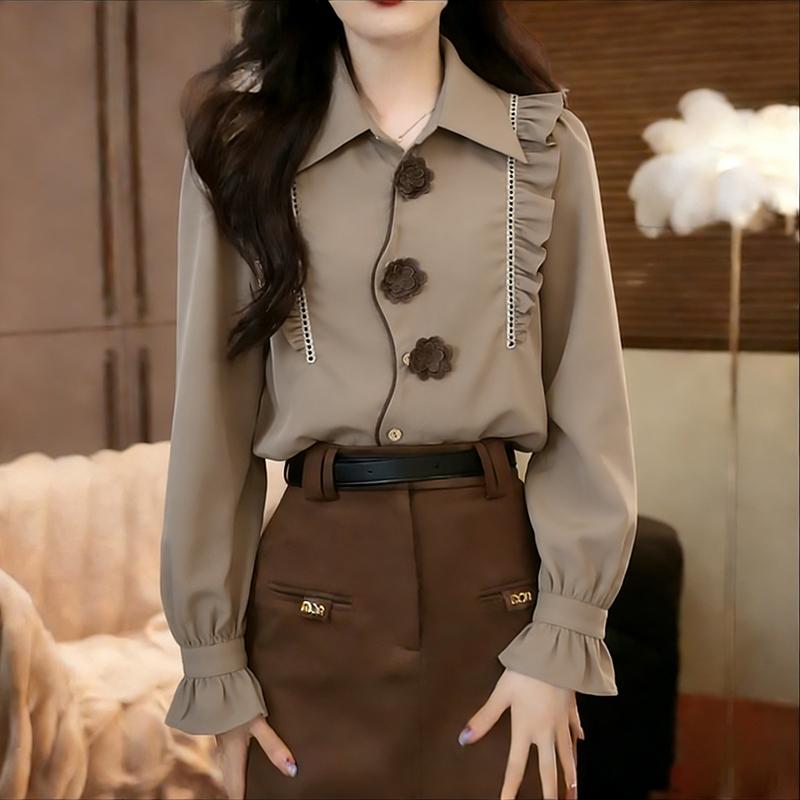ZANZEA Camicetta Classica da Donna Casual con Collo a Revers, Manica Lunga Larga