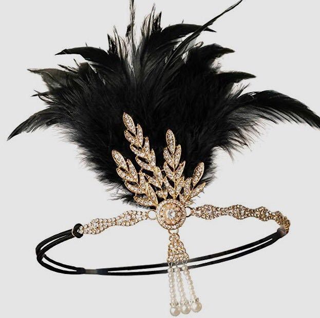 Women Vintage Feather Headband Black Rhinestone Beaded Sequin Hair Band Vintage Headpiece Flapper Feather Headdress
