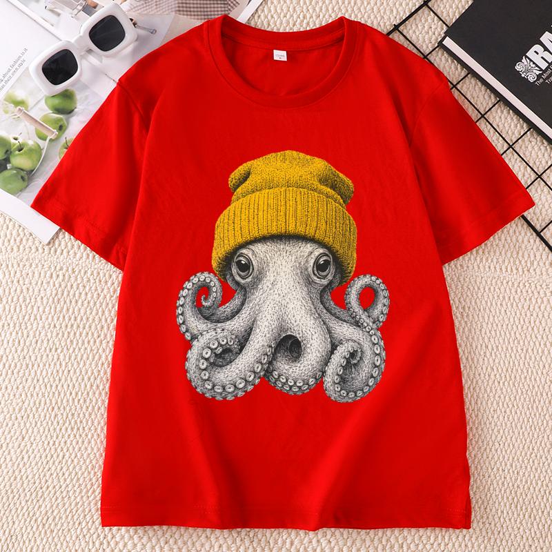 Cute Octopus Beanie T Shirt Ocean Animal TShirt Vintage Octopus Tees Casual Round Neck Printed Cotton Short Sleeve Tshirts