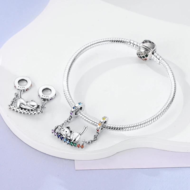 Cute Cat Rainbow Swing Pendantscopper Plated Original Beads Fit Originalcharms Bracelet Bead Jewelry Gifts For Women