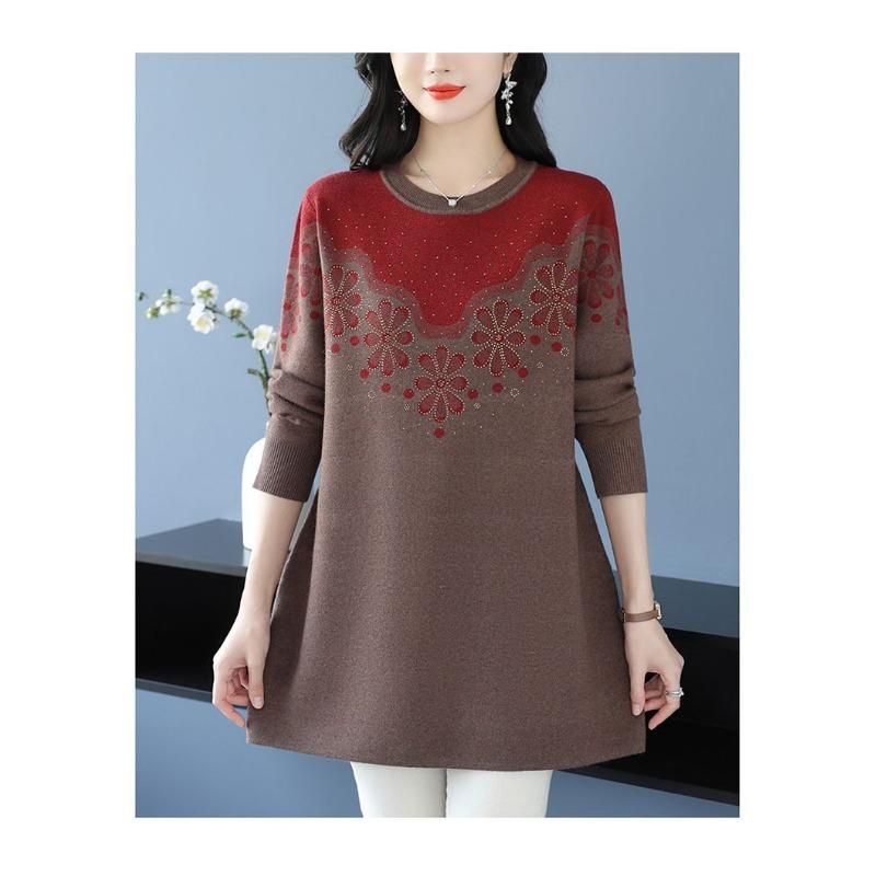 Middle-aged Elderly Mother's Wear Diamond Sweater Women's Mid-length Bottoming Shirt Loose Embroidered Sweater A-line Skirt